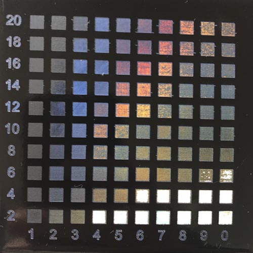 <b>Test Tile</b><br />Red, Orange, Yellow, Blue<br />Different colors react to the laser at different rates